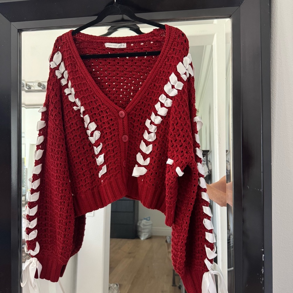 Altar'd State Red Cardigan with White Ribbon Details